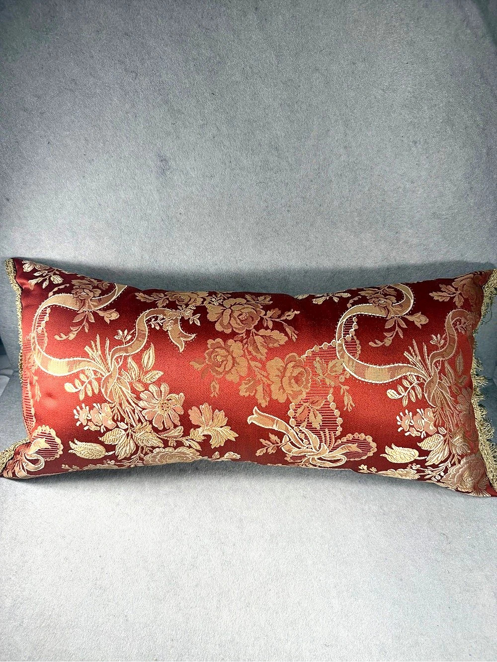 Newport Red Gold Floral Brocade Lumbar Pillow 26.5